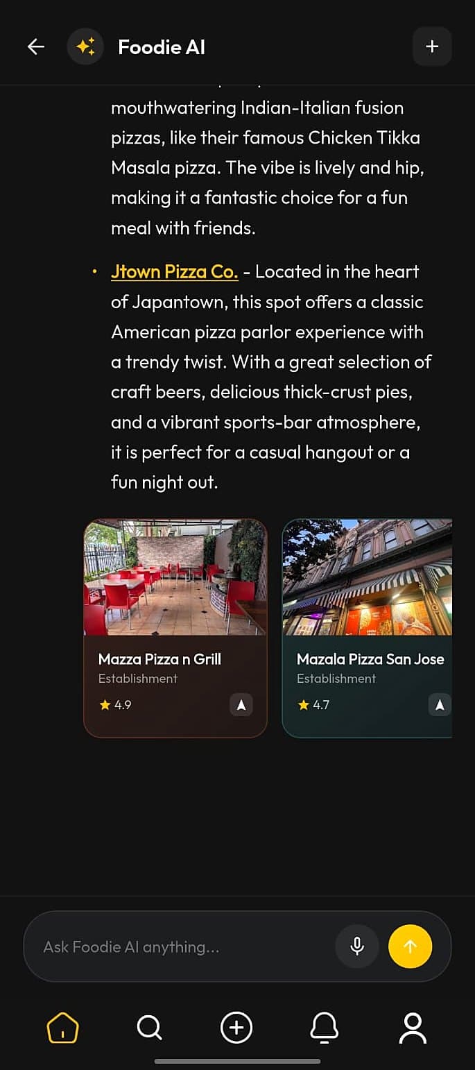 Foodie AI suggesting Mazza Pizza n Grill with ratings